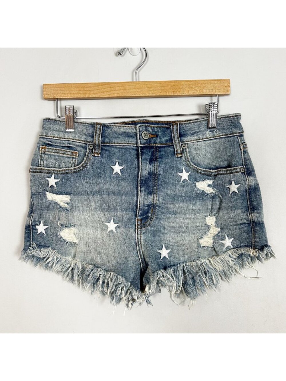 Eunina Blue Denim Cutoff Shorts with Embroidered Stars Summer Size Medium Women'
